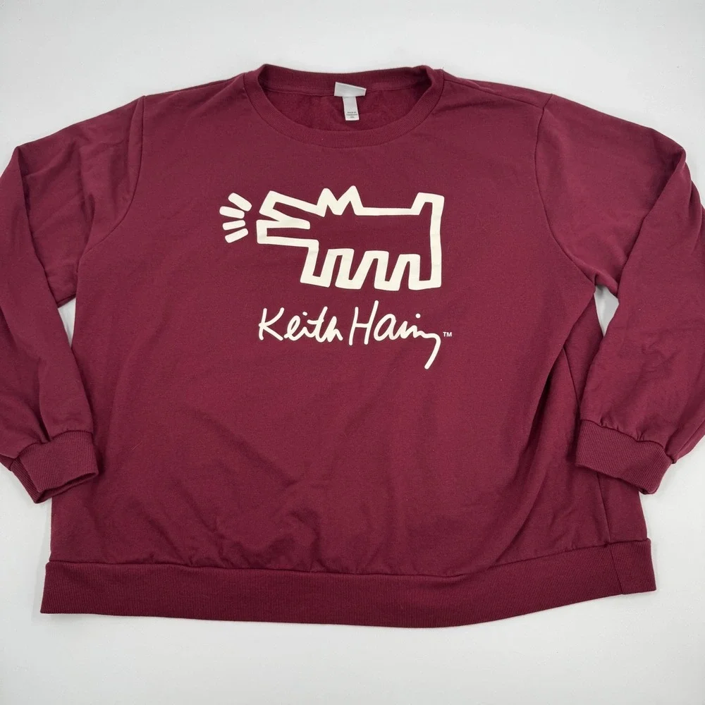 Keith Haring Graphic Sweatshirt‎ Unisex XXL Burgundy Pop Art Fleece Pullover